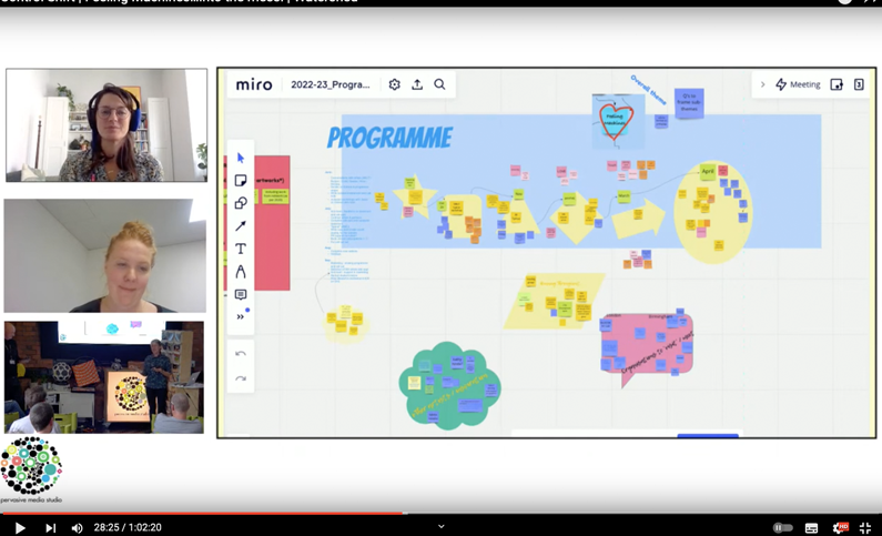 screenshot of video callers and a miroboard with 'programme' written in it with lots of postit notes