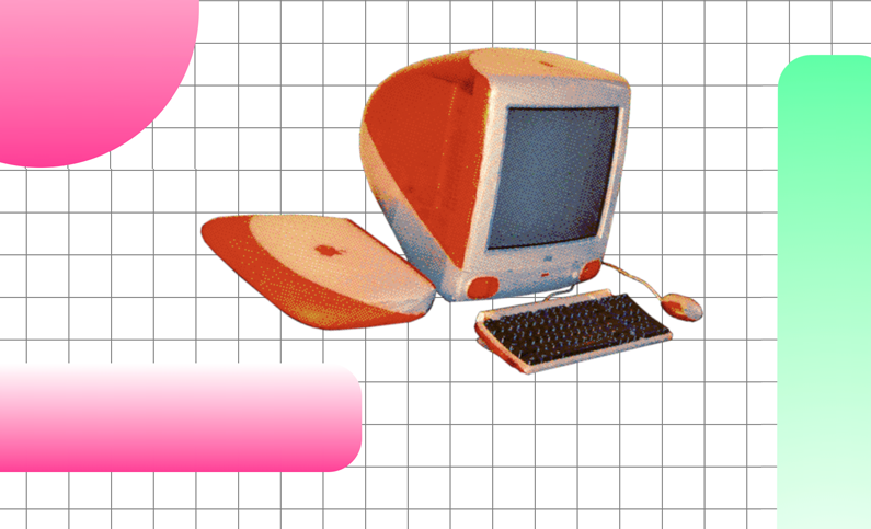 a graphic of an old apple computer on a gridded background with bright green and pink shapes around it