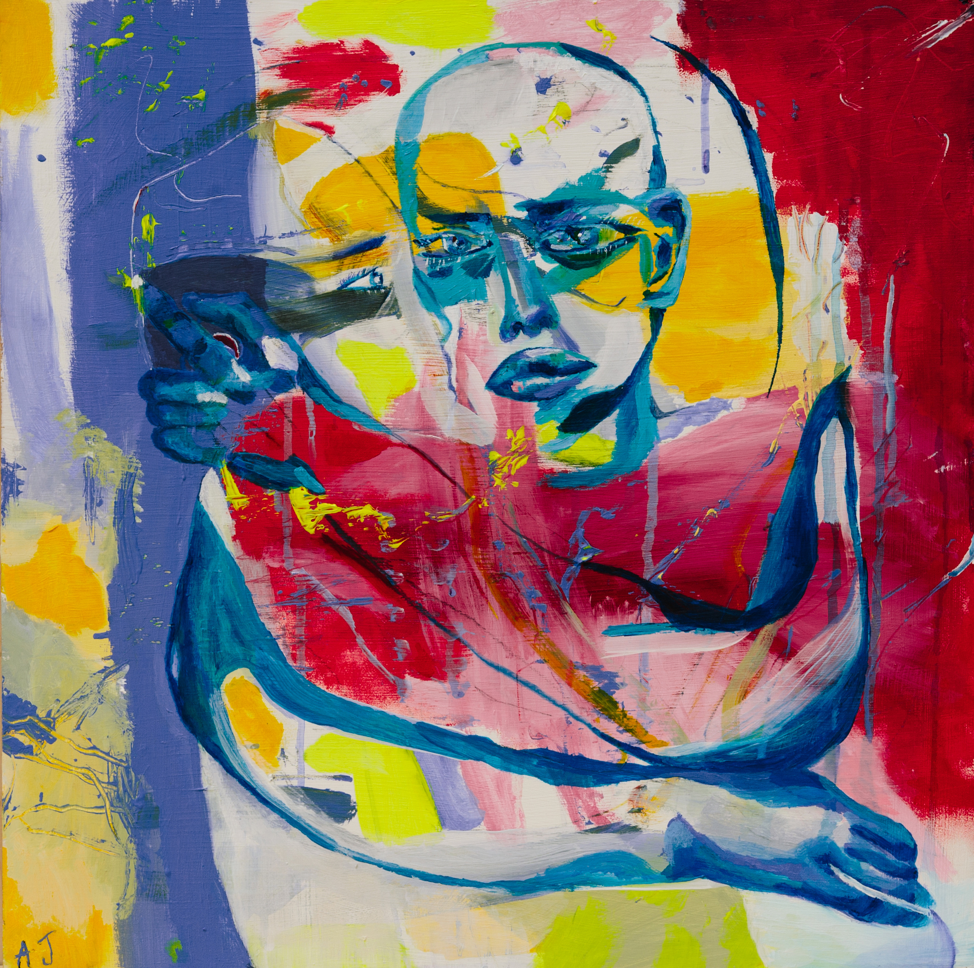 A full view of the painting, showing two figures embracing. The image is covered with expressive marks of bright blues, yellows, reds and pinks.