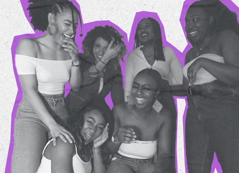 A collage cut-out style image of a group of people laughing, outlined in purple.