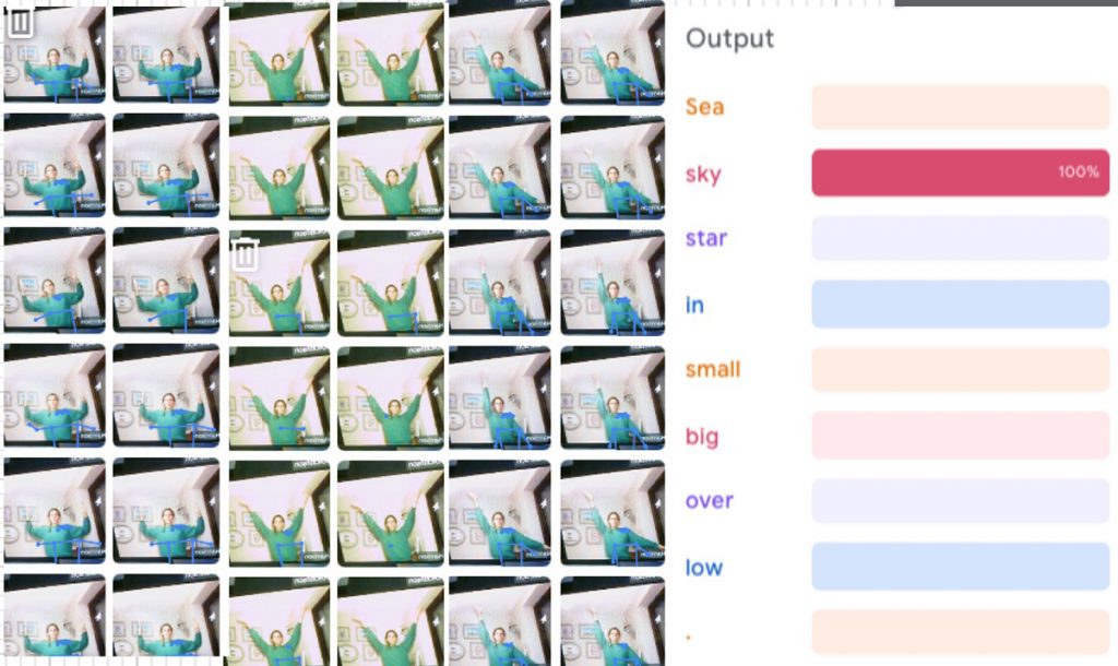 36 small images of a person pulling different positions with their arms. Next to them, text reads 'output' with categories of 'sea, sky, star, in, small, big, over, low' Next to 'sky' is a bar which says 100%.