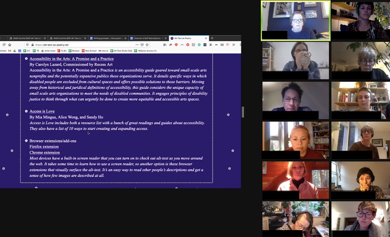 A screenshot of video callers with a screen-sharing of a web browser with text. The first line is 'accessibility in the arts: a promise and a practice'