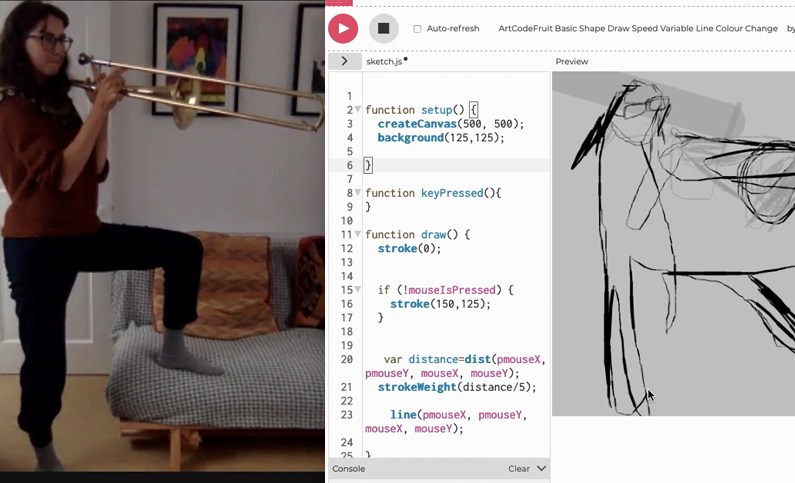 A screenshot showing two windows. In one window, a video call shows a person playing the trumpet. Next to it is a sketch of this scene with code written next to it.