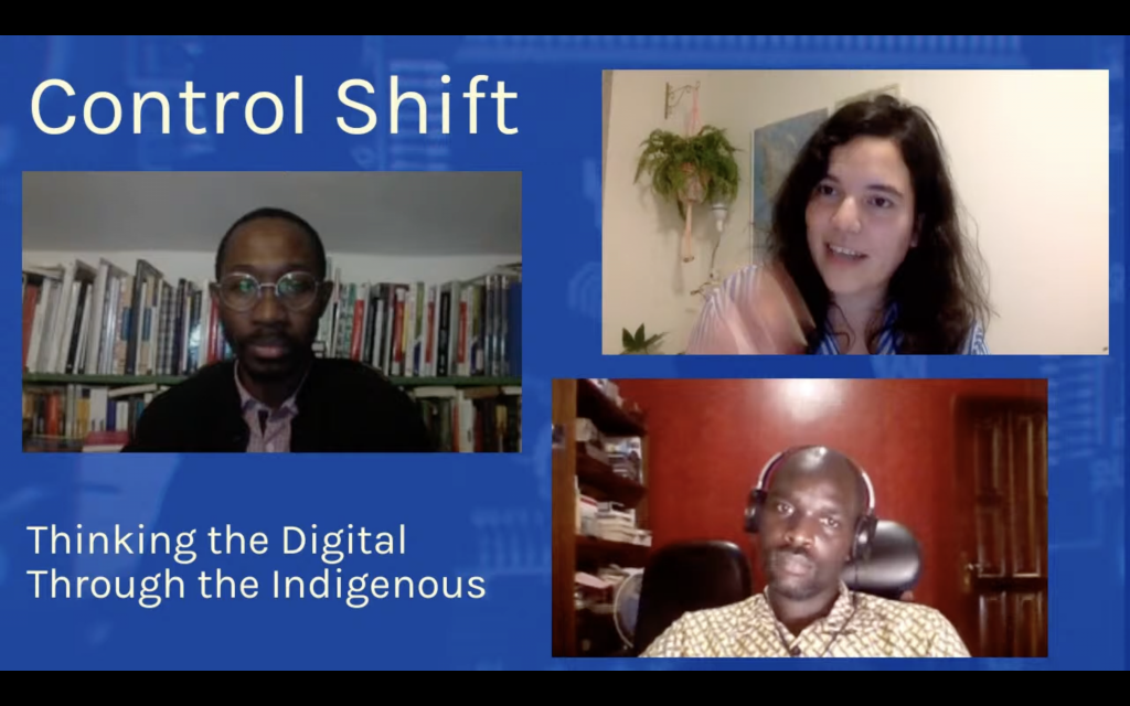 Screenshot of three people on a video call with text that reads 'thinking the digital through the indigenous'