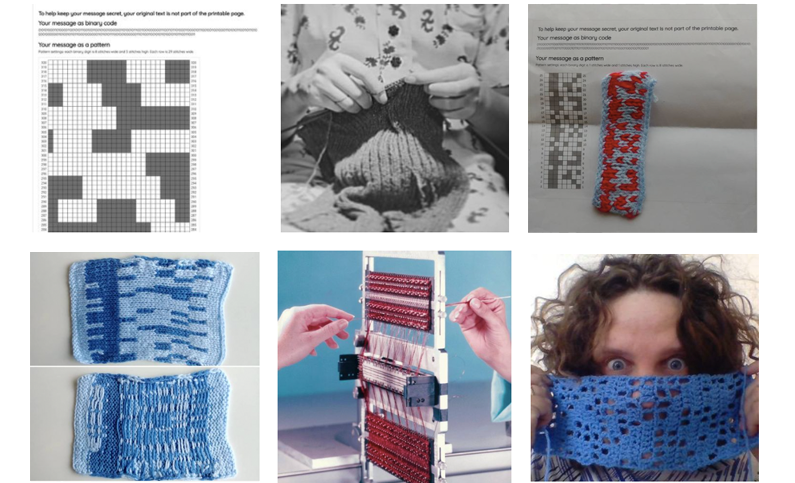 A collage of images showing hands knitting, a person holding their knitting up to their face, a knitting machine, and knitting next to binary patterns.